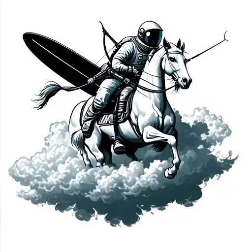 Astronaut Surfer riding cloud centaur archer as he maintains his bow tattoo design idea
