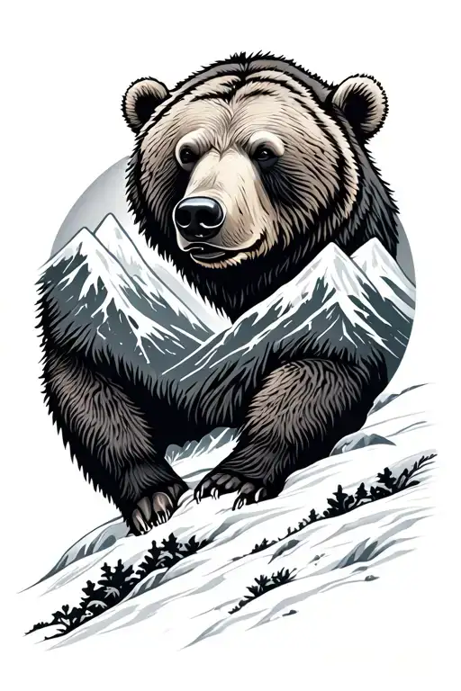 A Nordic-inspired tattoo featuring a grizzly bear and mountains in a black-grey style tattoo design idea