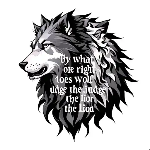 game of thrones wolf and lion with the quote of "By what right does the wolf judge the lion" tattoo design idea