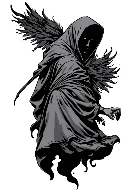 hooded figure floating symmetrical tattoo design idea