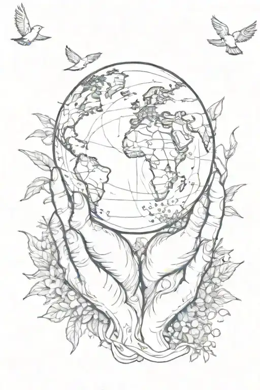 Jesus hands holding the world with nature and birds tattoo design idea