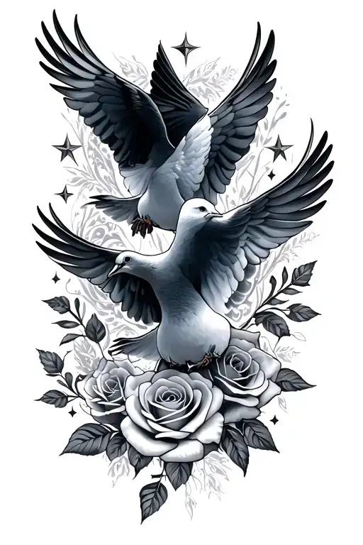 doves with roses and stars tattoo design idea