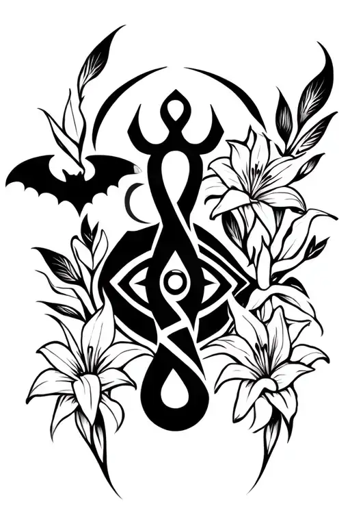 ohm symbol, ankh symbol and eye or horus intertwined, small bat trail filler, lily flower, and tribal african woman tattoo design idea