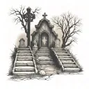 graveyard with steps and gravestones and silhouettes tattoo design idea