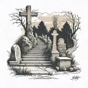 graveyard with steps and gravestones and silhouettes tattoo design idea