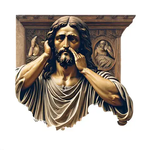 I want the words “hear no evil, speak no evil, see no evil.” And a statue of Jesus with his arms out in the shape of a c tattoo design idea