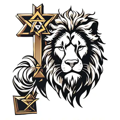 LIon of Judah with 6 pointed star of david and the cross  tattoo design idea