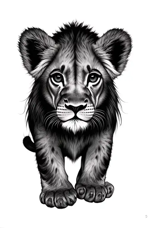 “Minimalist tattoo design of a baby lion cub with a calm, serene face. Fine line, black and grey, clean details, soft sh tattoo design idea