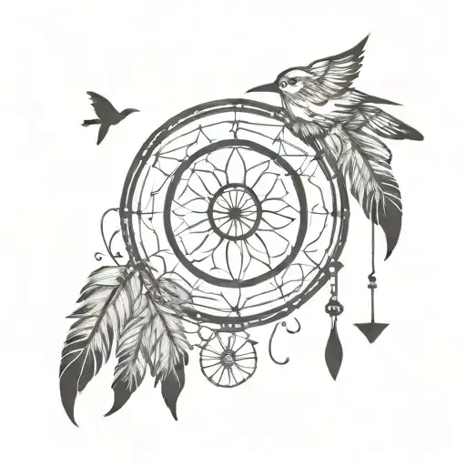 Dream catcher with feathers and hourglass compass bird tattoo design idea