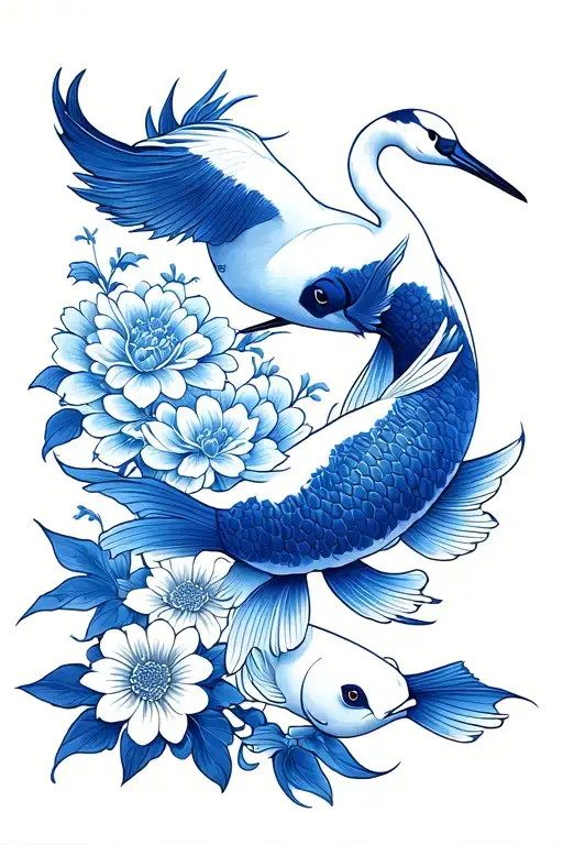 Blue painting (only a blue contour) in the style of "blue-bye" with two cranes, chrysanthemums and two koi carps tattoo design idea