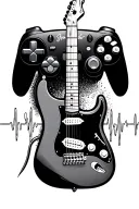 fender stratocaster with heartbeat strings, fishing hook charm, ps5 controller tattoo design idea