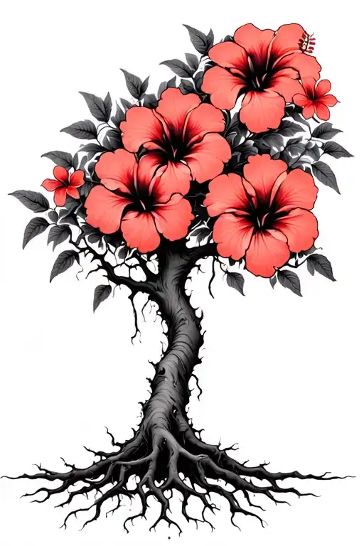 psychedelic minimalist creepy tree with faded light red hibiscus flowers and roots tattoo design idea
