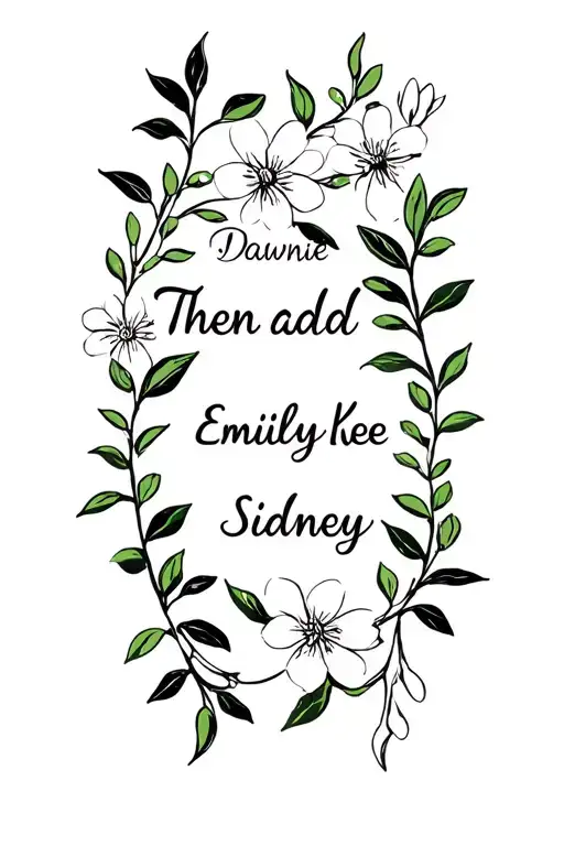 "Then add Dawnie intertwined in" pea vines with flowers and four pea pods. pea pods have have the names Emily, Kaylee, Sidney and Libby. One in eachthen  tattoo design idea