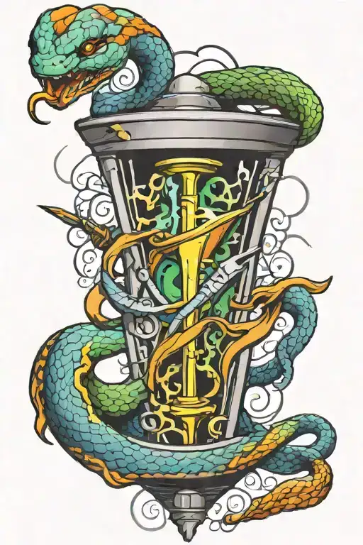 snake entwining an hourglass with a sword penetrating the hourglass from above tattoo design idea