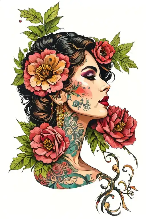Latina with full lips with flowers intertwined tattoo design idea