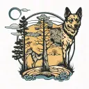 trees with a path and blue heeler standing tattoo design idea