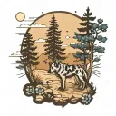 trees with a path and blue heeler standing tattoo design idea