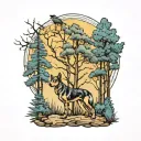 trees with a path and blue heeler standing tattoo design idea