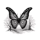 purépecha, forest trees background looking, skull, monarch butterfly  tattoo design idea