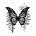 purépecha, forest trees background looking, skull, monarch butterfly  tattoo design idea