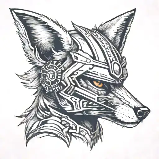 a red fox wearing a valkyrie helmet with wings on the side, badass female fox black and grey,wings on the side of the he tattoo design idea