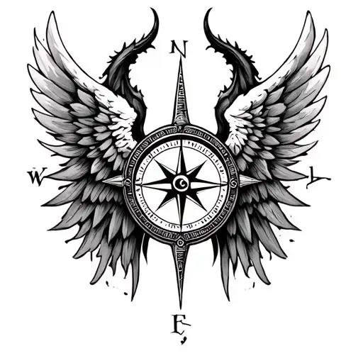 compass half demon angel wings tattoo design idea