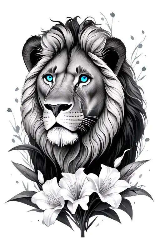 lion with blue eyes surrounded by gladiolus flowers tattoo design idea