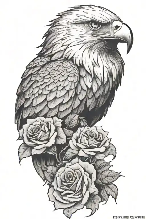 an eagle on top of a wolf blended by roses tattoo design idea