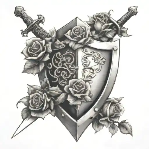 shield sword and roses entwined tattoo design idea