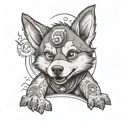 A husky playing video games with a beach background and a League of Legends logo tattoo design idea