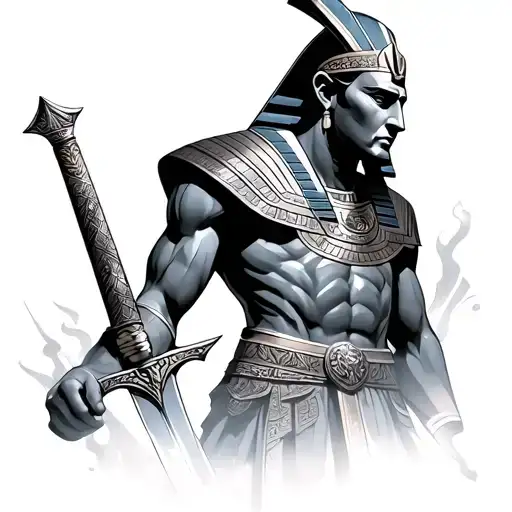 pharaoh with sword in battle scene tattoo design idea