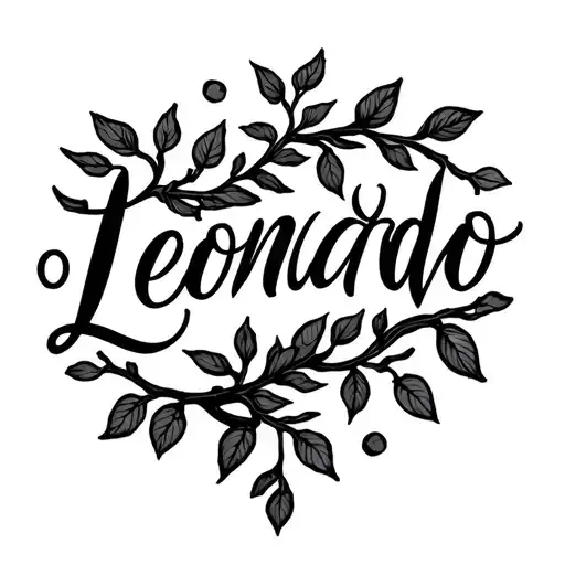 A delicate tattoo design featuring the name ‘Leonardo’ in elegant cute cursive script. A thin vine with small leaves and tattoo design idea