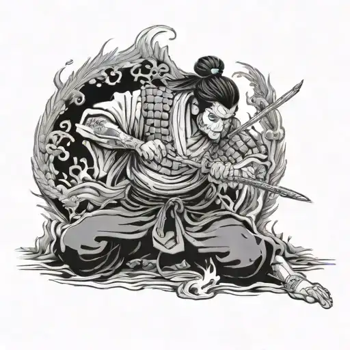 a samurai kneeling with his sword in front of him in the background there is a Japanese house burning with a phoenix fly tattoo design idea