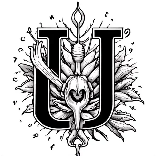 Cancer sign, letter U, letters JM, law and year 2000 tattoo design idea