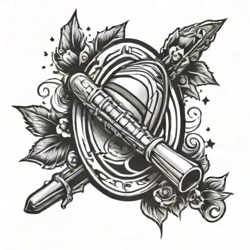 rugby ball with a flute in the middle and two stars above the flute tattoo design idea