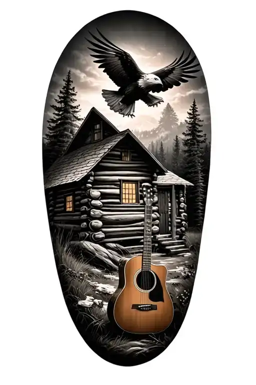 log cabin with an acoustic guitar in front and an eagle perched above. nature scene  tattoo design idea
