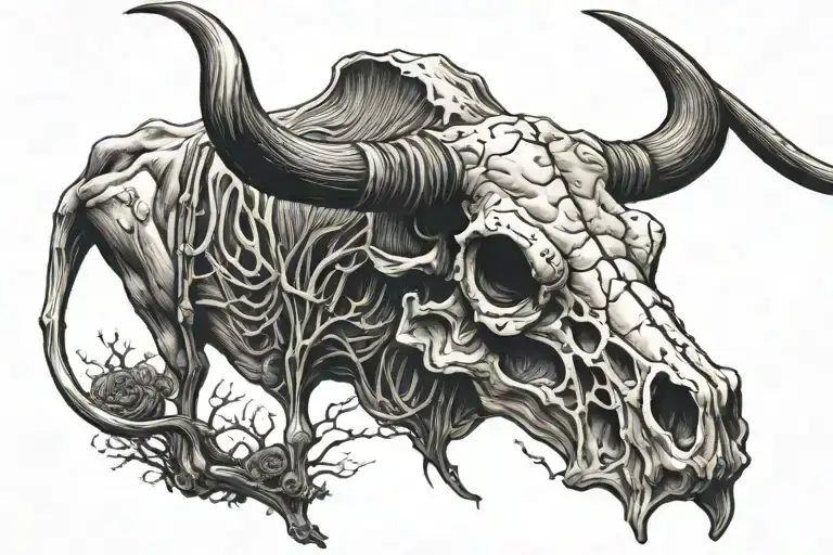 longhorn bull skull spooky Halloween scene tattoo design idea