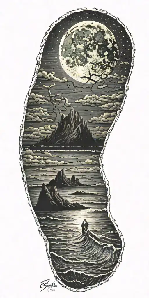 eerie night sky over ocean tattoo design idea