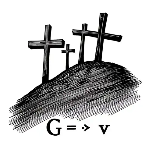 3 crosses fine line on small fine line hill top with G>^v written below tattoo design idea