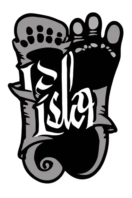 "Isla" handprint and footprint with a scroll around the name tattoo design idea