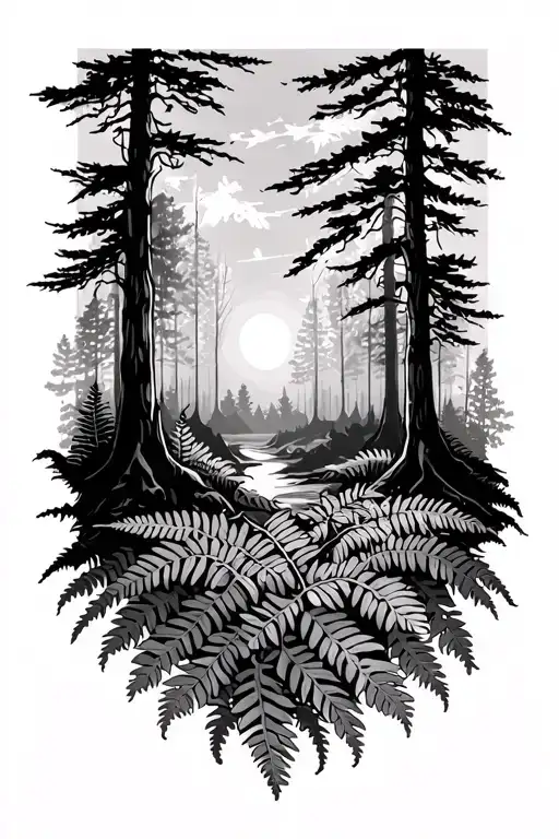forest scene, floor to sky, with sun, ferns at the bottom tattoo design idea