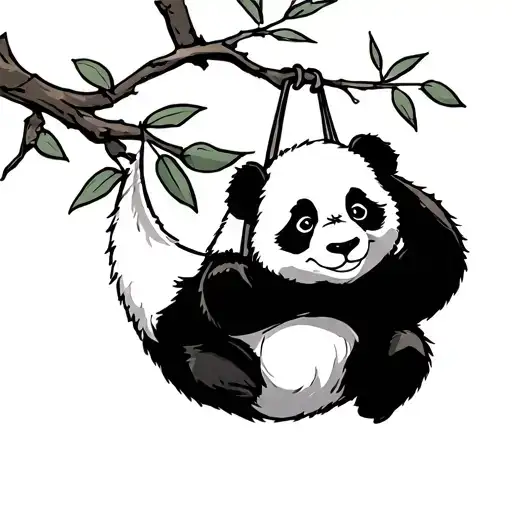 a cartoon sketched panda hanging from a branch tattoo design idea