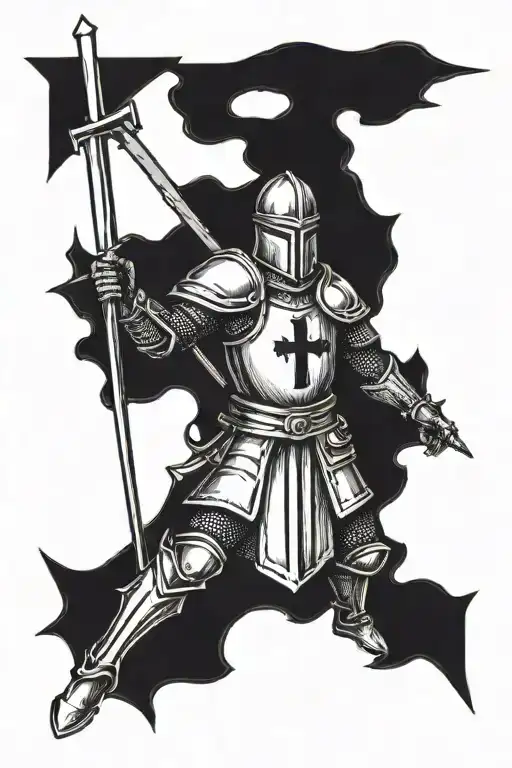 historically accurate Templar Knight standing facing the camera, wearing a  helmet , holding a cross in front of him.  tattoo design idea