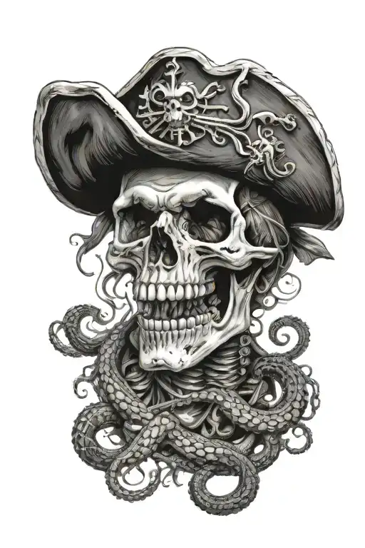 pirate skull and kraken emerging tattoo design idea