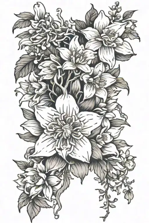 chrysanthemum, Daffodils, narcissus, and water lily flowers on a vine as a straight down spine tatto with no color with  tattoo design idea