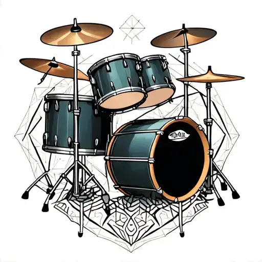 A traditional style tattoo of a drum set surrounded by intricate geometric patterns symbolizing the connection between music and philosophy tattoo design idea