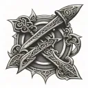 unalome with celtic swords crossing tattoo design idea