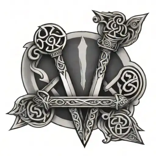 unalome with celtic swords crossing tattoo design idea
