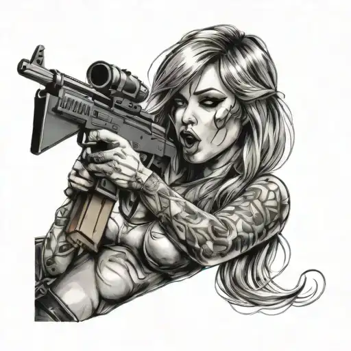 ak47 with woman licking with her tongue on ak47 like a stripper pole tattoo design idea