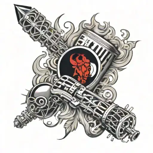 Tattoo sleeve with Chicago bulls logo, piano, fountain pen, racing flags, boxing gloves playing cards, fire, smoke, star tattoo design idea